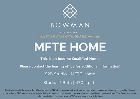An advertisement for a MFTE home located at 3801 Stone Way North Seattle, WA 98103.
